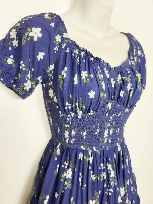 Bluenotes blue floral print smocked mini dress with attached bike shorts | Size SMALL