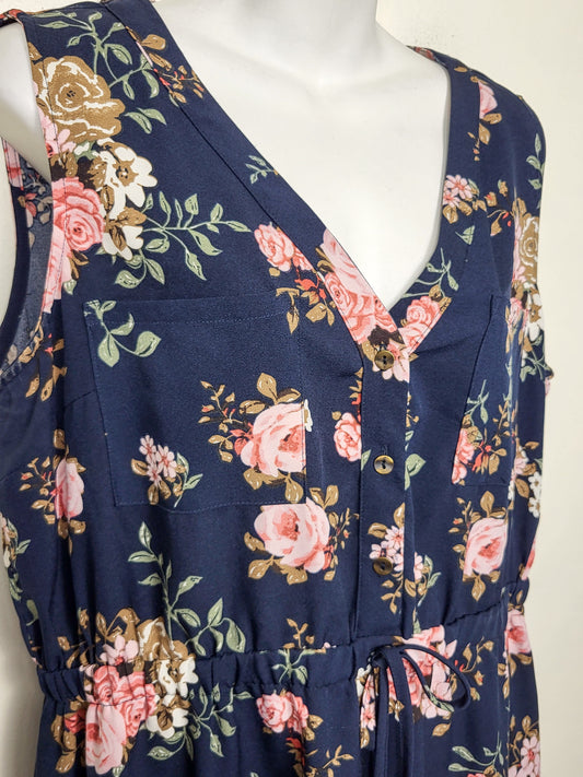 Warehouse One navy floral print half button dress | Size XL