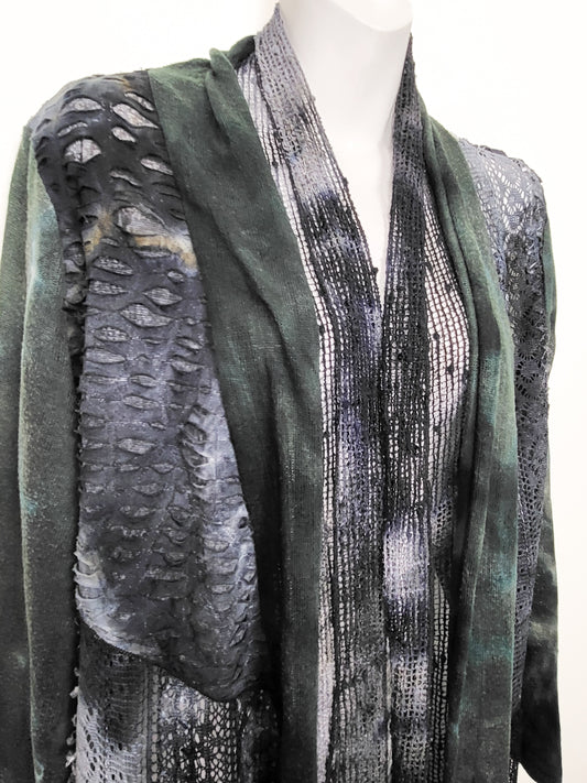Minkas Abstract Open-Front Mesh & Knit Patchwork Duster Cardigan | Sizes like a Med/Large