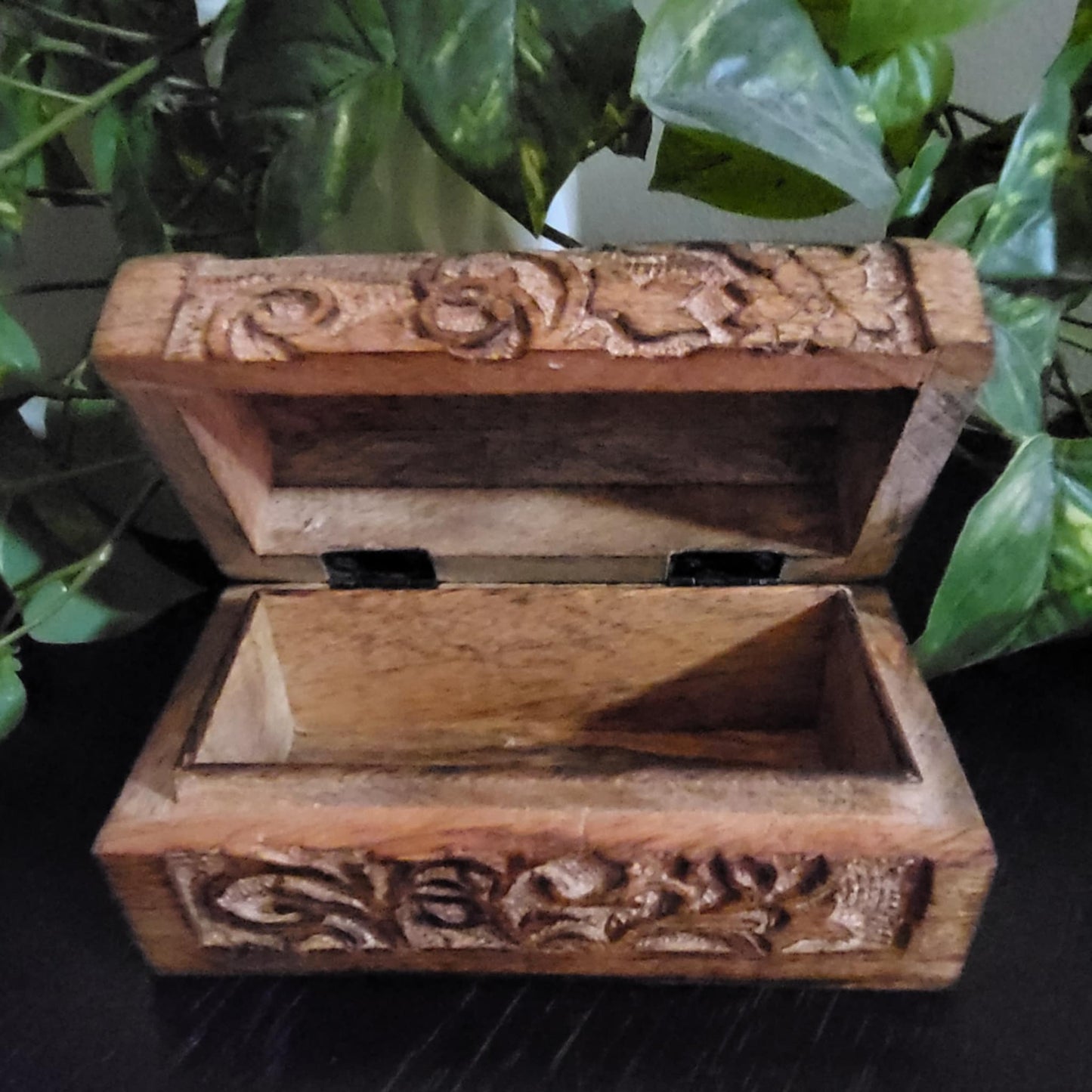 Vintage hand carved hinged wooden box with flowers and butterfly and domed lid