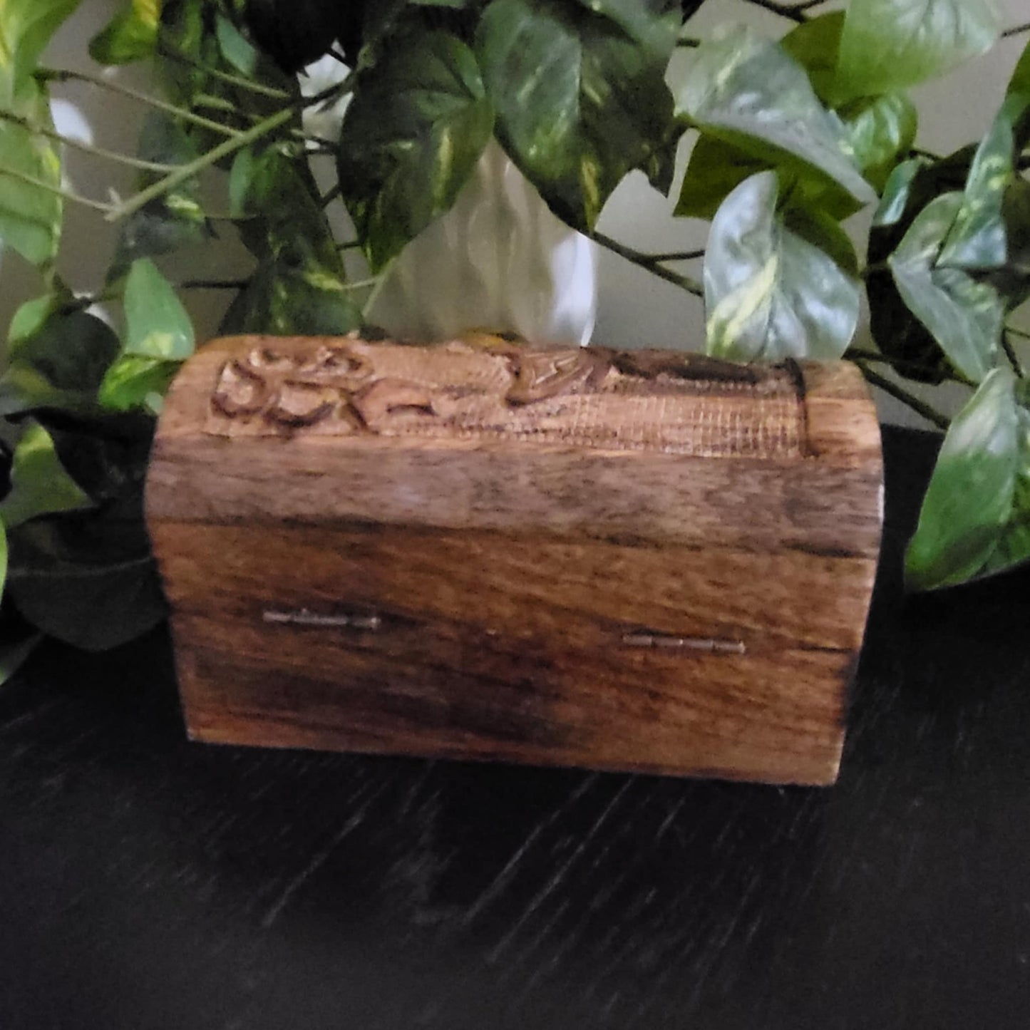 Vintage hand carved hinged wooden box with flowers and butterfly and domed lid