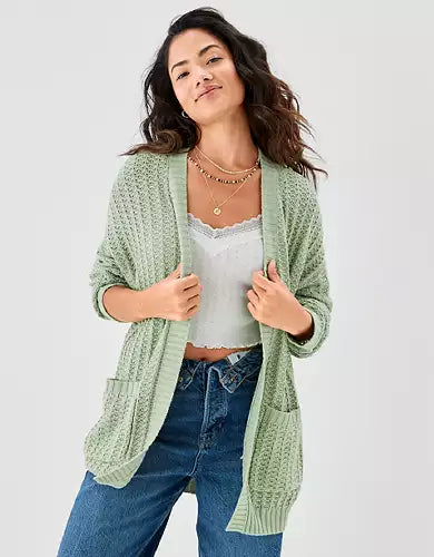 MHCK1 - American Eagle mint green cable knit open cardigan sweater. Size large