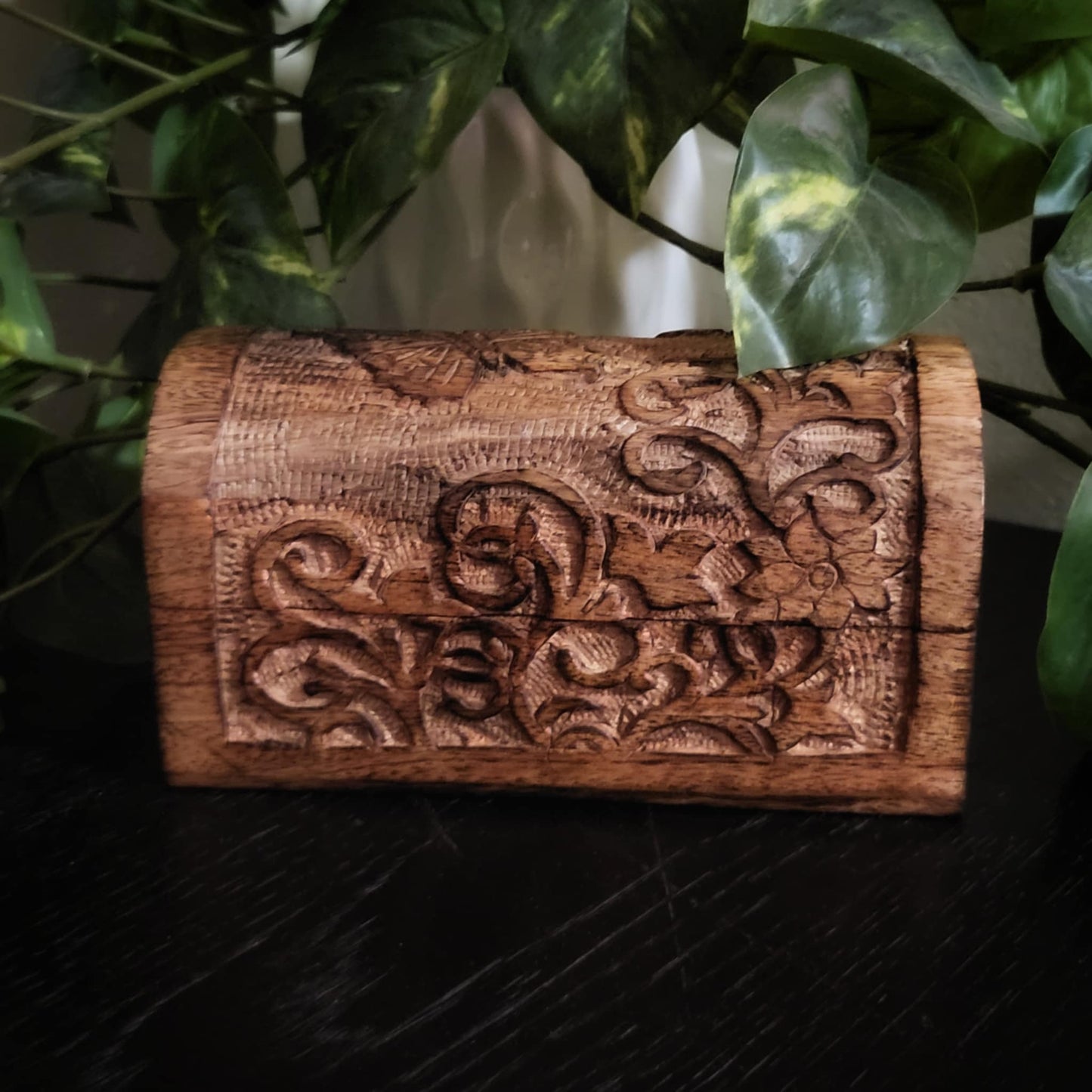 Vintage hand carved hinged wooden box with flowers and butterfly and domed lid