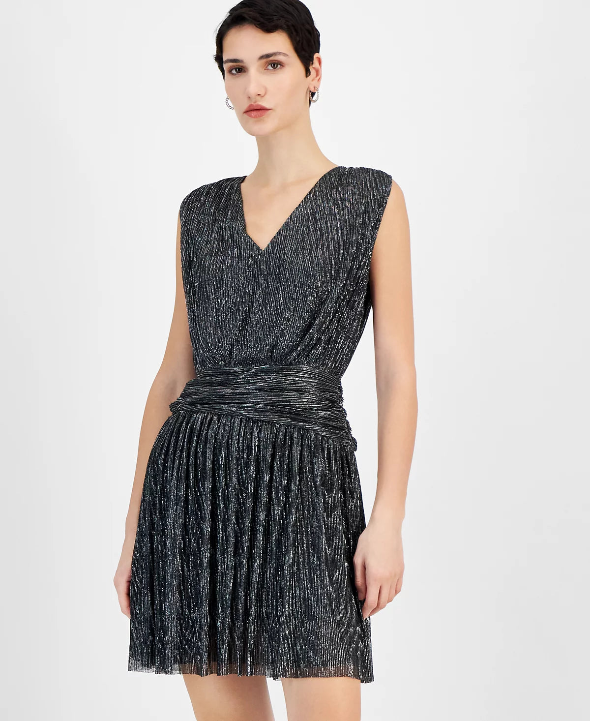 JKZ2 - DEX Women's Metallic Pleated V-Neck Mini Dress. Size small