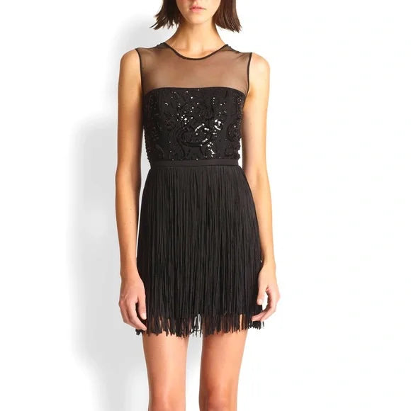 AMHU11 - NEW - BCBG Max Azria Black Fringe Sleeveless "Melly" Sheath Dress. Size 8