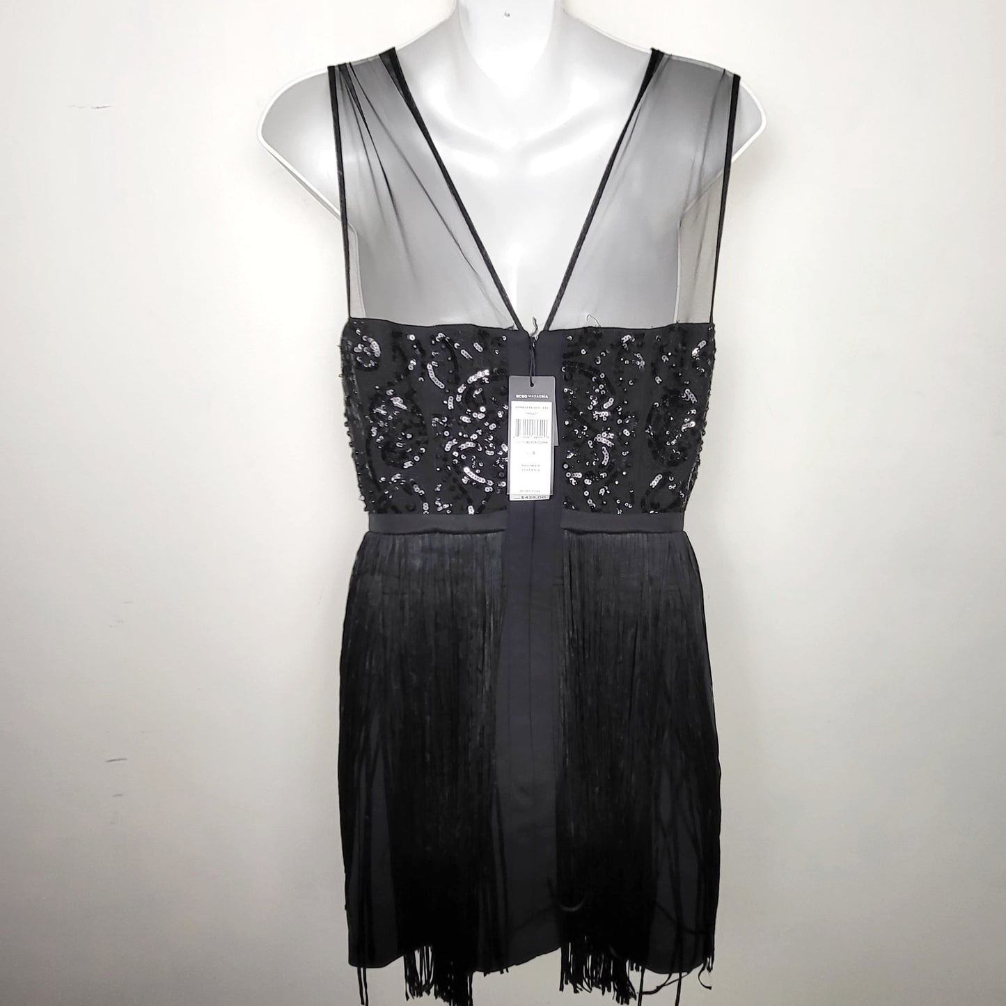 AMHU11 - NEW - BCBG Max Azria Black Fringe Sleeveless "Melly" Sheath Dress. Size 8