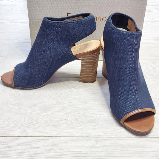 JKZ1 - Franco Sarto indigo blue denim open toe "Dawne" block heels, size 8.5M, good condition