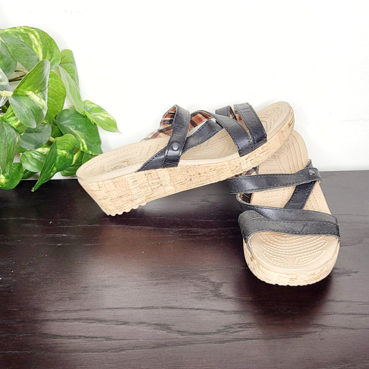 JBAB2 - Crocs black strappy cork wedge sandals, size 7