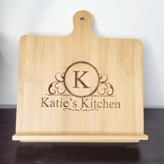 KLJ1 - Custom engraved wooden cookbook holder, good condition. Local pick up or delivery only