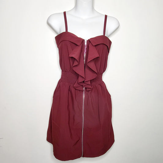 NTLL1 - Xtaren burgundy sleeveless dress with ruffles, size small, good condition