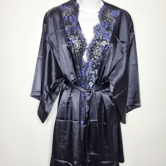 NTLL1 - NEW - La Senza black and navy robe with lace trim, size L/XL