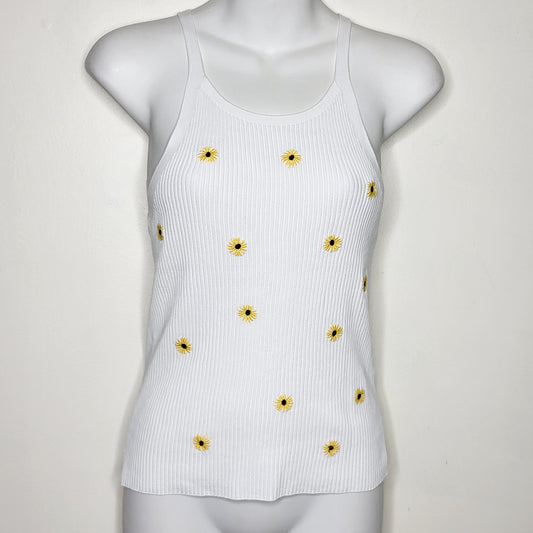 DFON1 - Only white ribbed knit tank with sunflowers, size medium, good condition