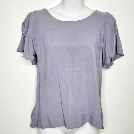DFON1 - Fashion Exit purple-grey blouse with split back, size small, good condition