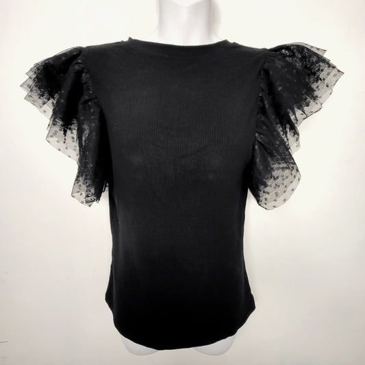 JLMB1 - Black dotty mesh ruffle sleeve ribbed knit top. Size medium