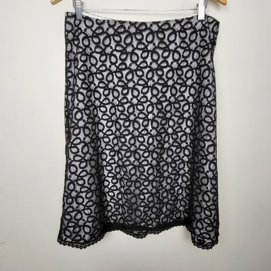 MHCK2 - Jessica white a-line midi skirt with black lace overlay. Size 14