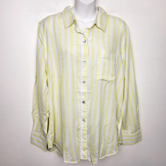 KLJ1 - Lola River yellow and white vertical striped loose fit button down blouse. Size large