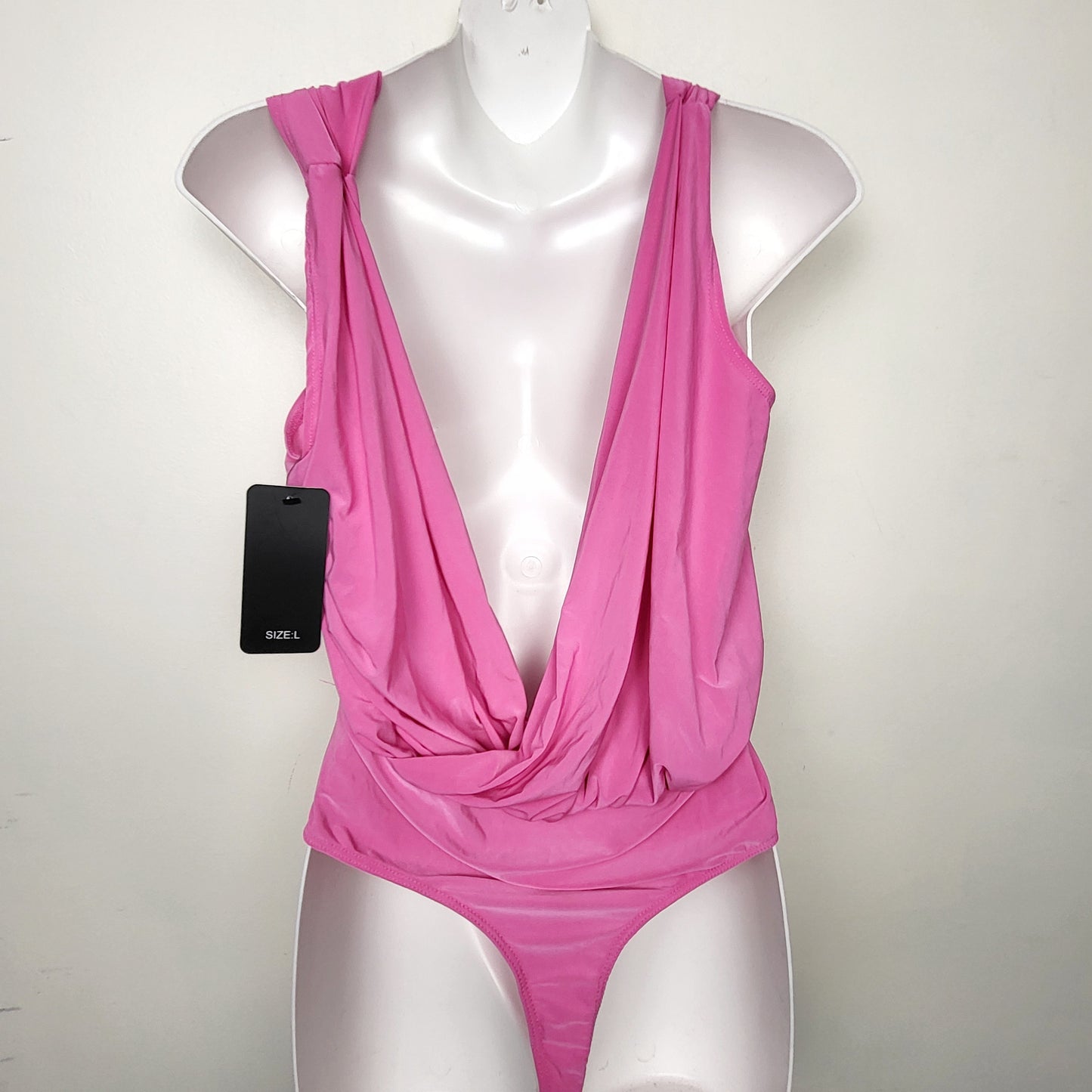 BBIN1 - NEW - 21 Saints pink sleeveless wrap V-neck ruched draped bodysuit. Size large
