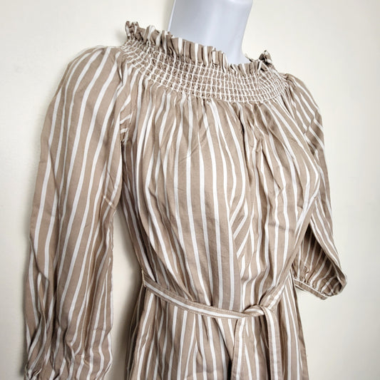 CSAL1 - Only brand beige and white striped off the shoulder "Samantha" dress with belt tie. Size small