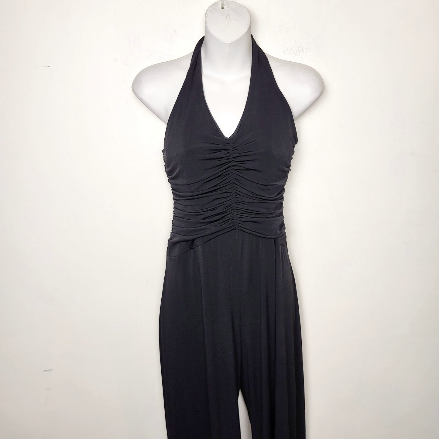 MFTZ2 -  Vintage Alyn Paige Y2K black ruched halter style dressy wide leg jumpsuit / romper. Sizes like a small