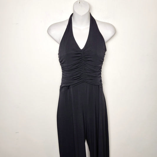MFTZ2 -  Vintage Alyn Paige Y2K black ruched halter style dressy wide leg jumpsuit / romper. Sizes like a small