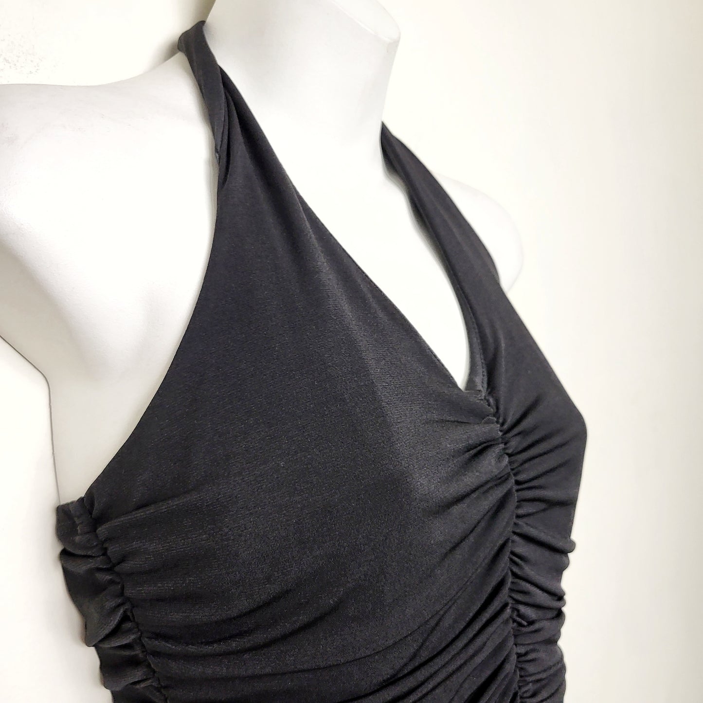 MFTZ2 -  Vintage Alyn Paige Y2K black ruched halter style dressy wide leg jumpsuit / romper. Sizes like a small