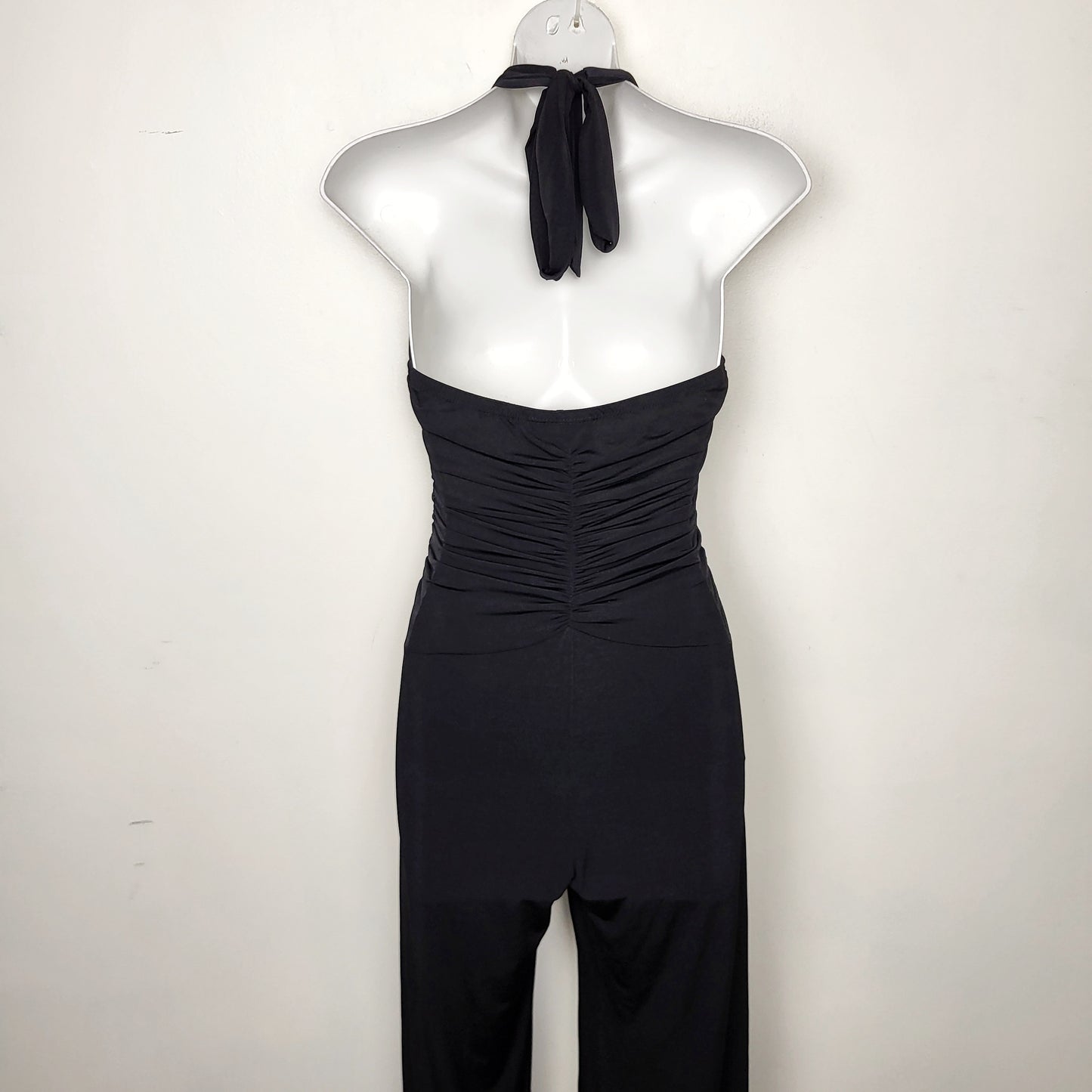 MFTZ2 -  Vintage Alyn Paige Y2K black ruched halter style dressy wide leg jumpsuit / romper. Sizes like a small