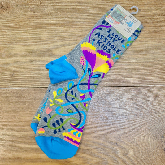 MFTZ2 - NEW - Blue Q crew socks "I Love My Asshole Kids". Fits size 5 to 10 shoe size