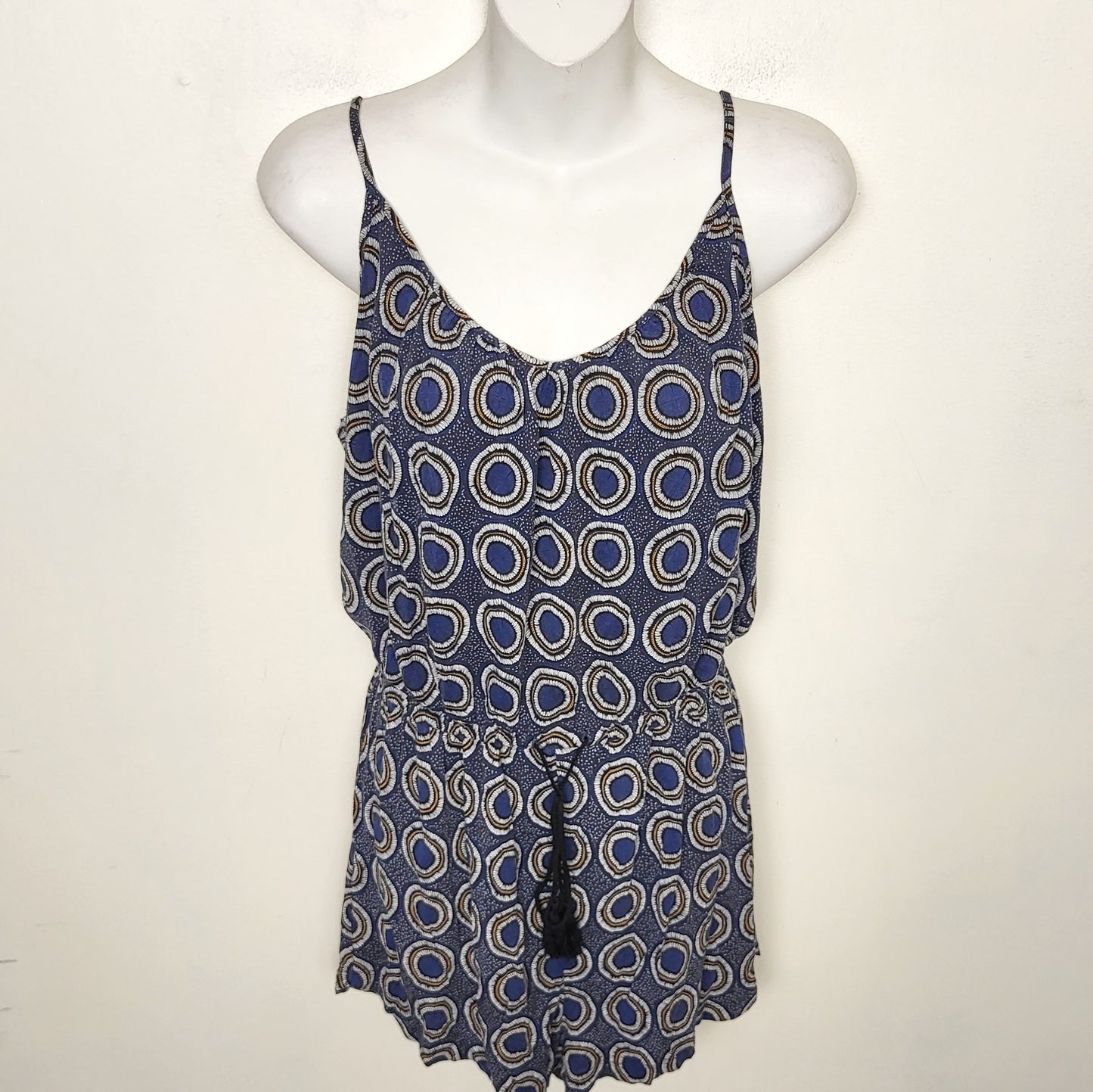 CSEB2 - H and M blue circle pattern rayon romper. Size small