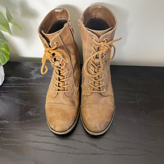 KMRY1 - Call It Spring brown faux leather lace up boots. Size 6.5