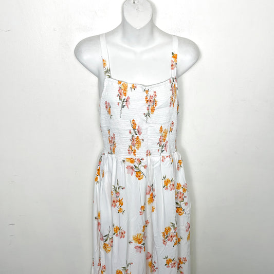 NOFF1 - Old Navy white smocked floral print sleeveless rayon dress. Size medium