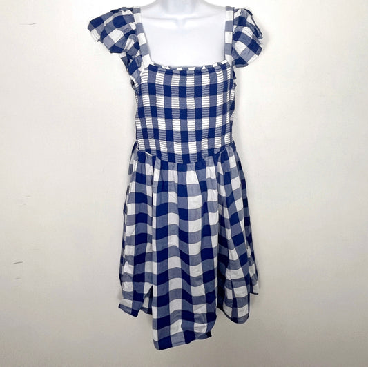 NOFF1 - Old Navy blue checked smocked short sleeve dress. Size medium TALL