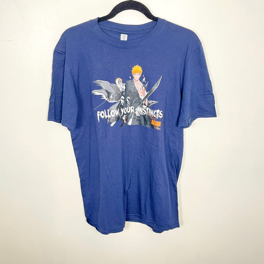 MBRS2 - Blue custom made "Follow Your Instincts" Bleach t-shirt. Men's size medium