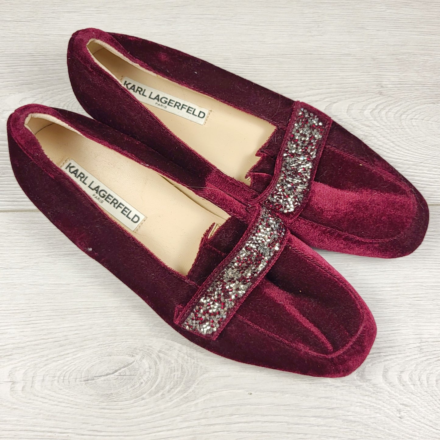 CKLB1 - Karl Lagerfeld burgundy velvet embellished loafers. Size 8
