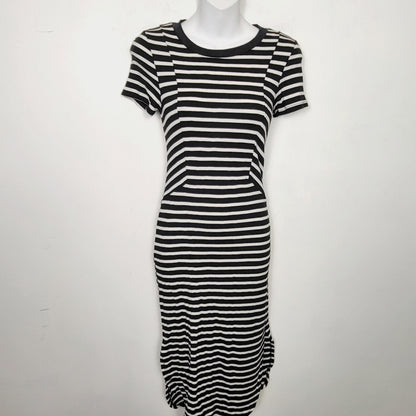 AMLE1 - Monteau black and white striped midi length t-shirt dress. Size small
