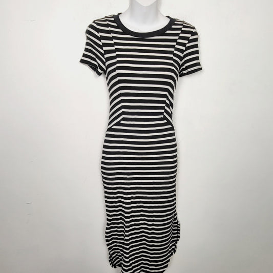 AMLE1 - Monteau black and white striped midi length t-shirt dress. Size small