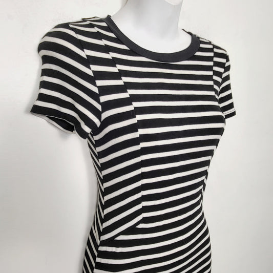 AMLE1 - Monteau black and white striped midi length t-shirt dress. Size small