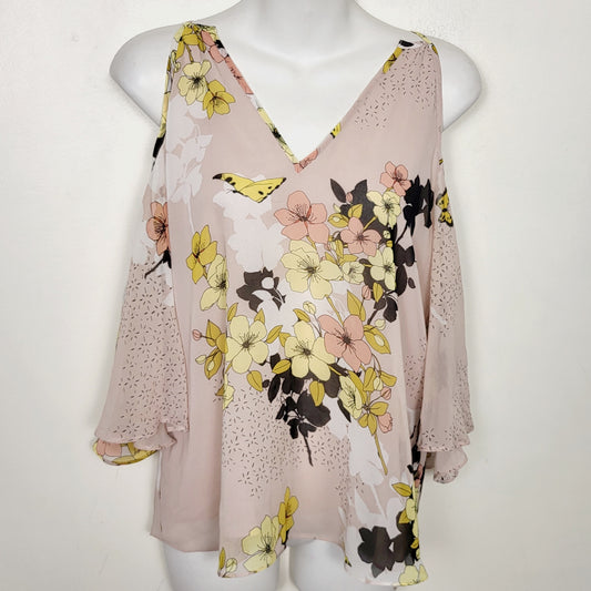 AMLE1 - Guess pink floral print flowy chiffon cold shoulder top. Size small