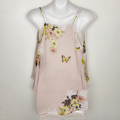AMLE1 - Guess pink floral print flowy chiffon cold shoulder top. Size small