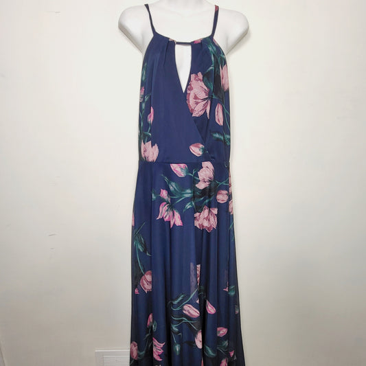 BBIN1 - NEW - Le Chateau navy floral print halter neck gown. Size medium