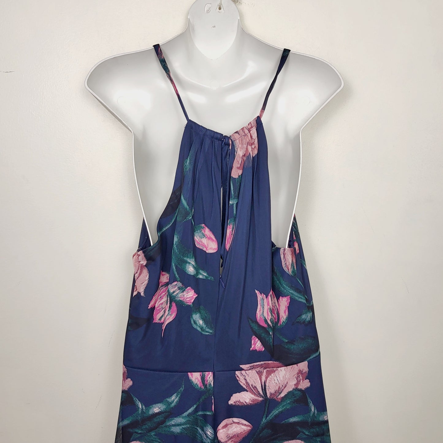 BBIN1 - NEW - Le Chateau navy floral print halter neck gown. Size medium