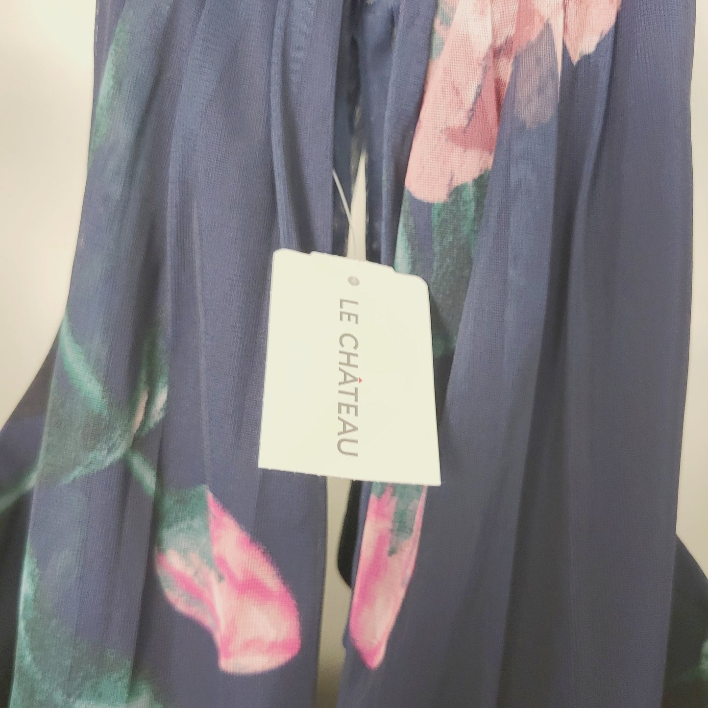 BBIN1 - NEW - Le Chateau navy floral print halter neck gown. Size medium