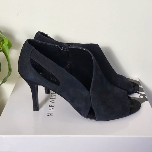 JKZ1 - Nine West black suede peep-toe heeled booties with cut-outs. Size 9