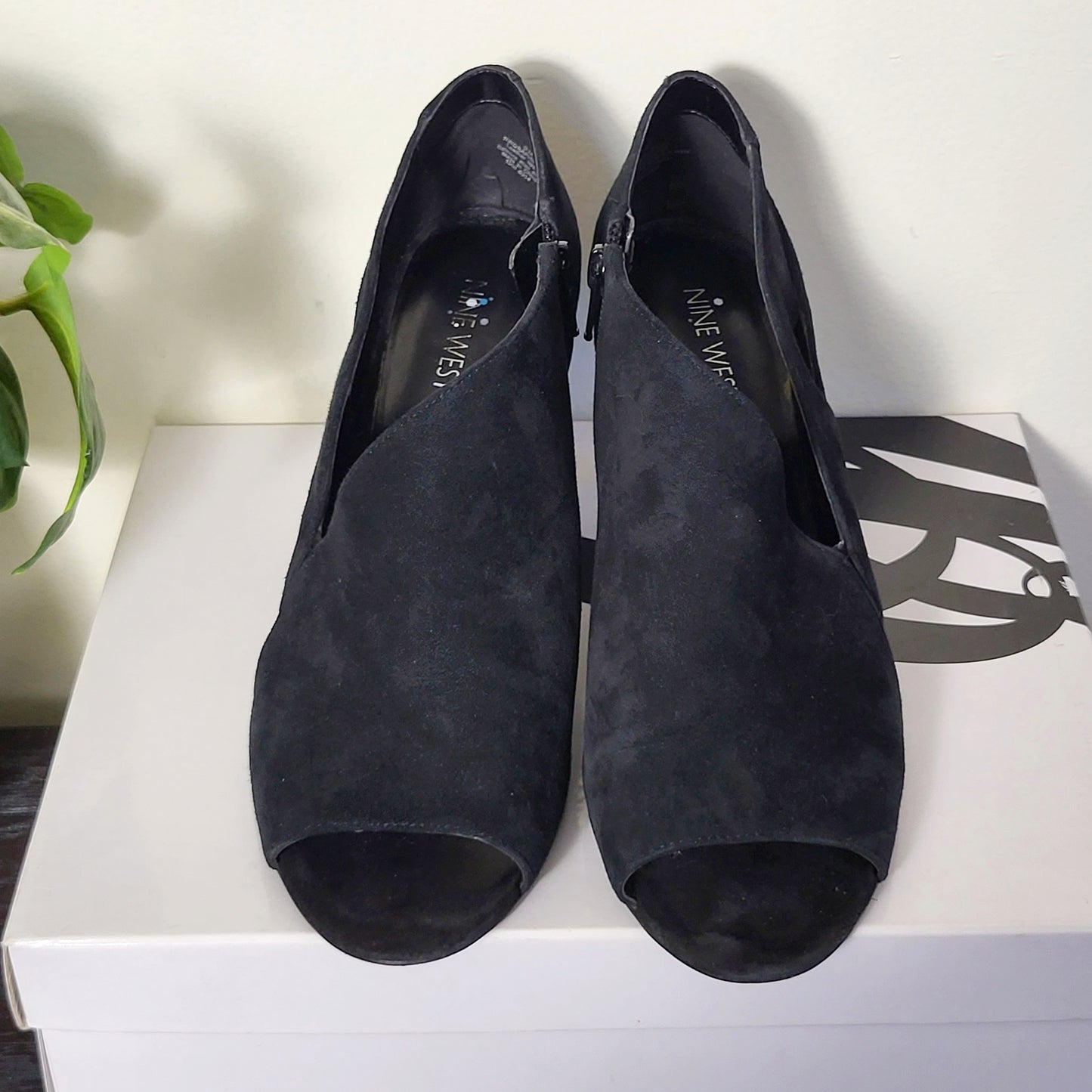 JKZ1 - Nine West black suede peep-toe heeled booties with cut-outs. Size 9