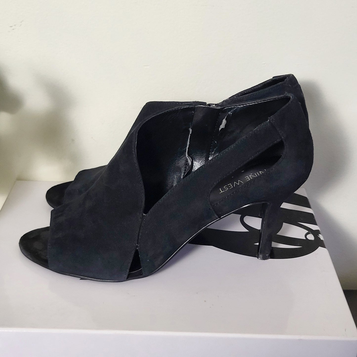 JKZ1 - Nine West black suede peep-toe heeled booties with cut-outs. Size 9