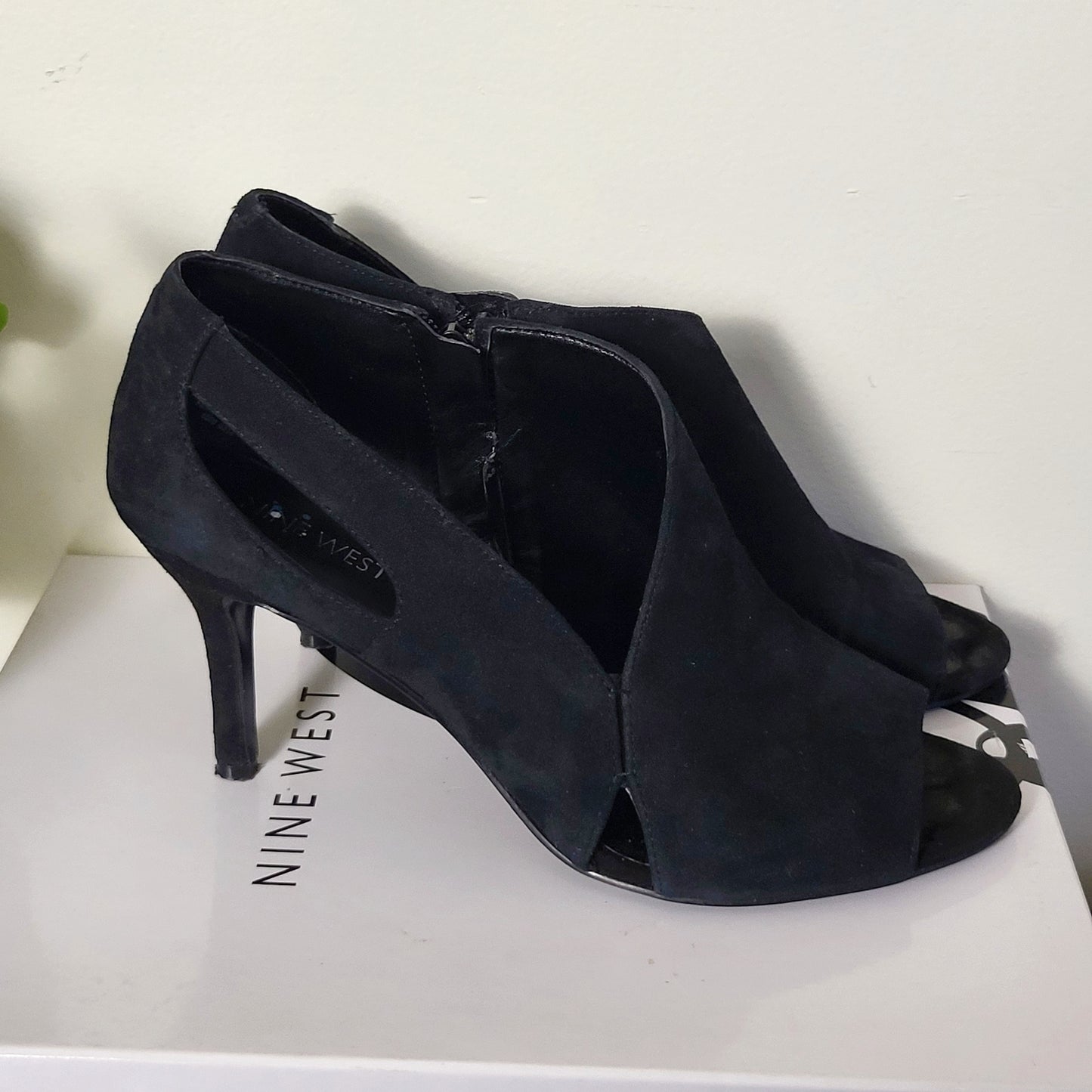 JKZ1 - Nine West black suede peep-toe heeled booties with cut-outs. Size 9