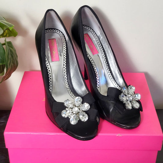 JKZ1 - Betsey Johnson Calais Italian Leather Peep Toe Heels With Crystal Flowers. Size 9