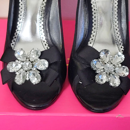 JKZ1 - Betsey Johnson Calais Italian Leather Peep Toe Heels With Crystal Flowers. Size 9