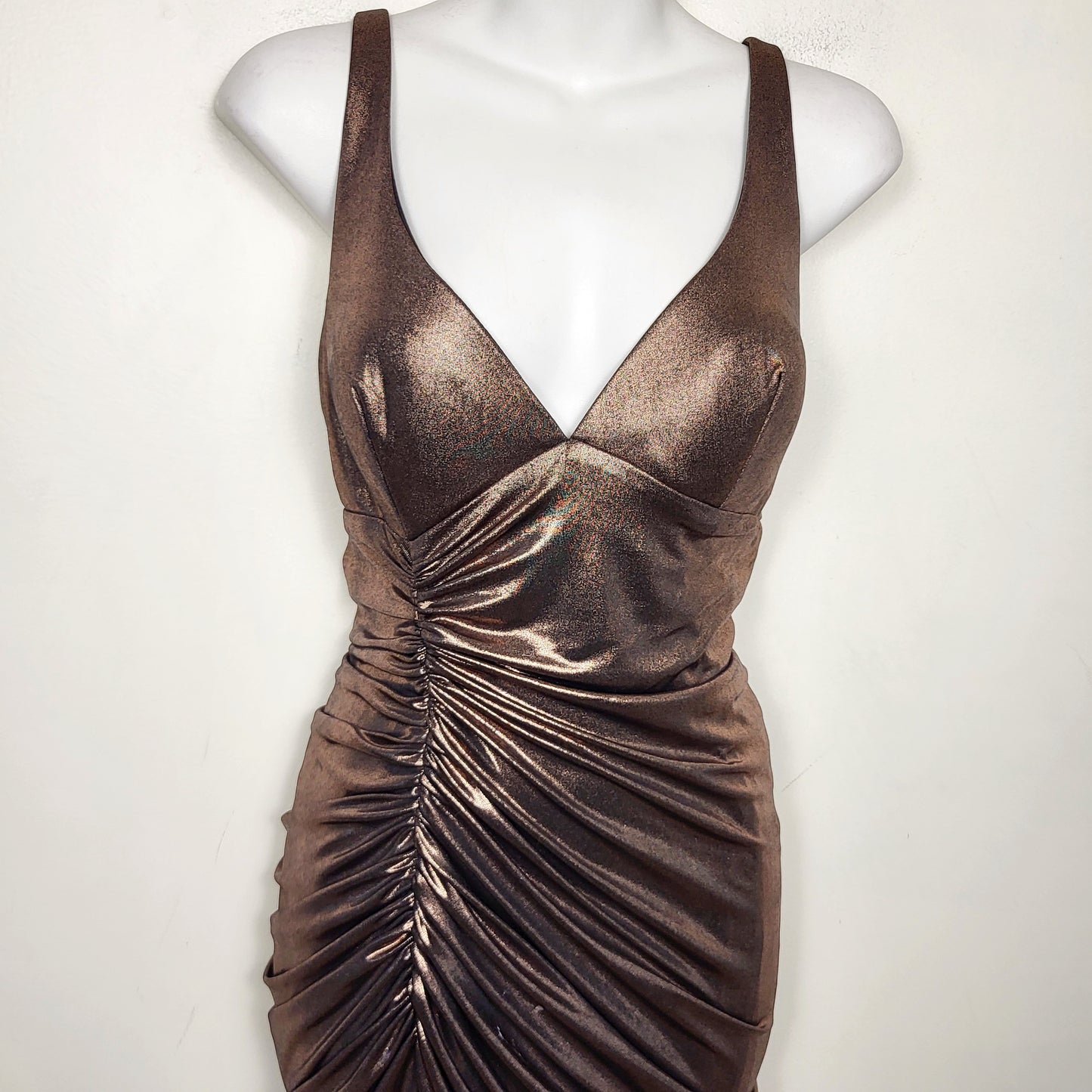 JKZ1 - Betsy Adam metallic copper ruched gown. Size 8