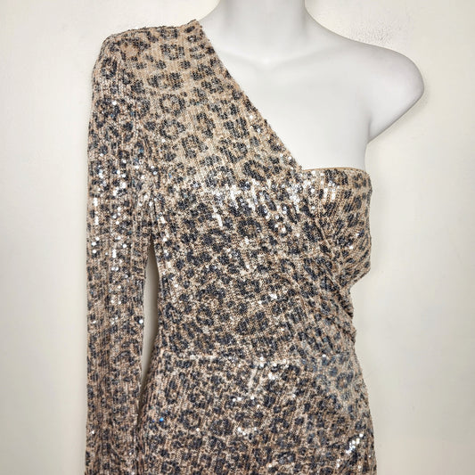 JKZ1 - NEW - Shop 17 sequin one shoulder animal print gown. Size large on tag but seems smaller