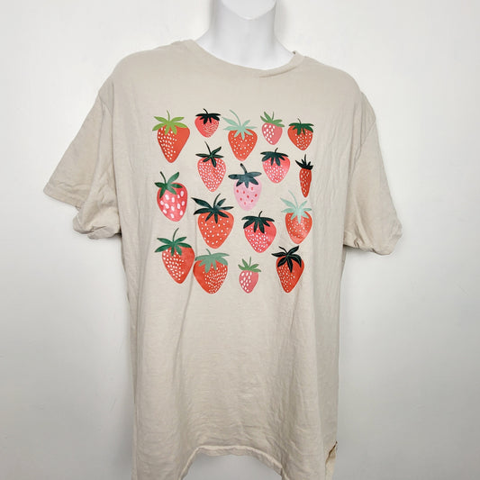 COWN1 - Beige custom made strawberry t-shirt. Size large